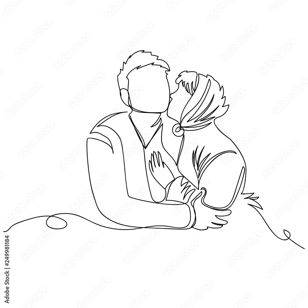 girl kissing guy. one line. vector continuous line