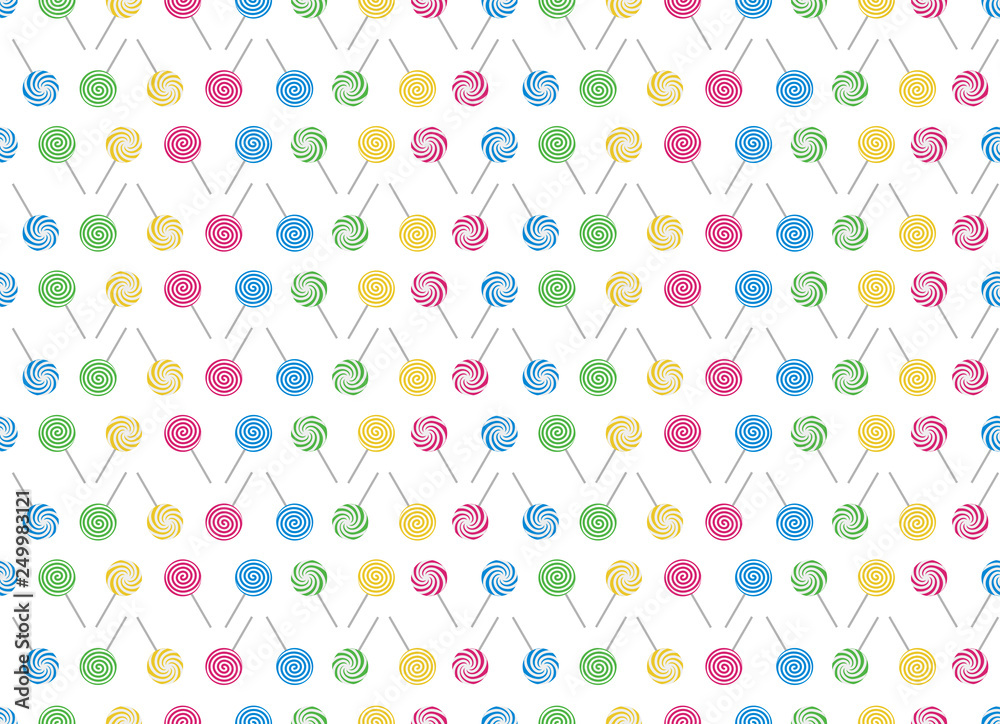 Candy lollipop round spiral delicious flat design cartoon vector illustration - set of sweet colorfull candys pattern wallpaper background