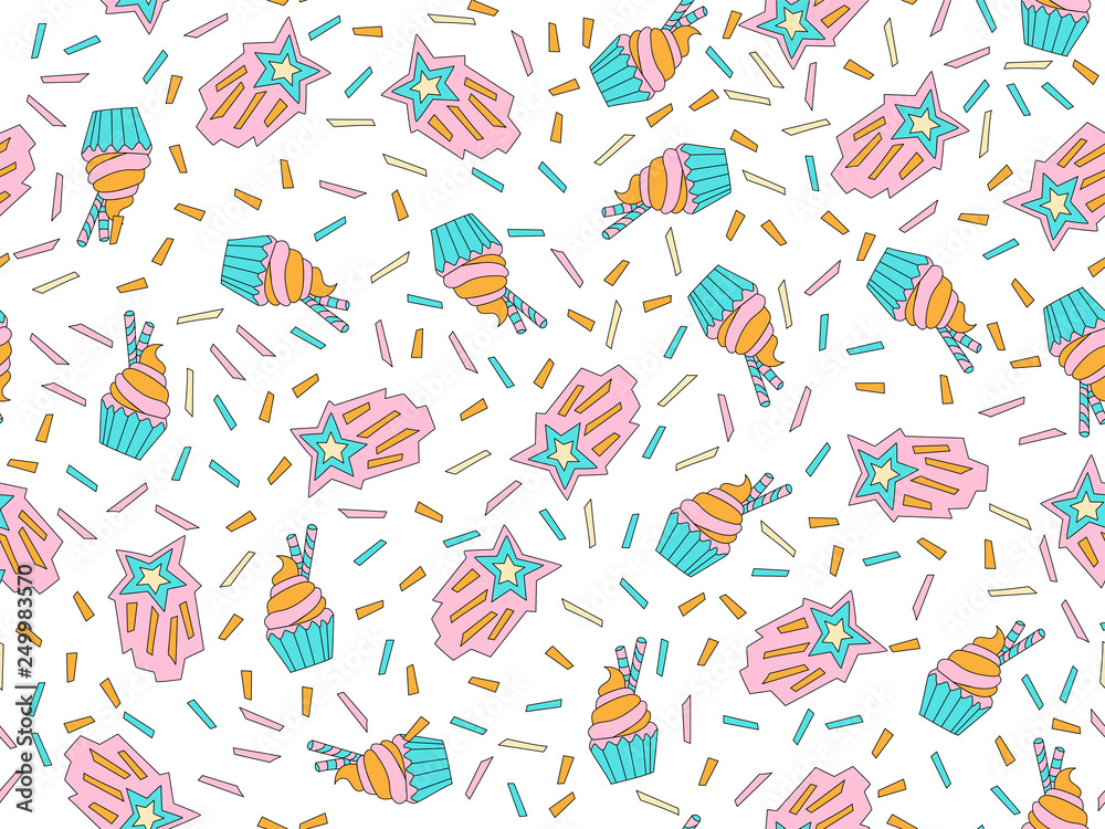 Funny cute cartoon seamless pattern with sweet blue and pink cupcakes, confetti and decoration. Endless cute pattern with sweet cup cake on white background. Blue cream cupcakes colored seamless