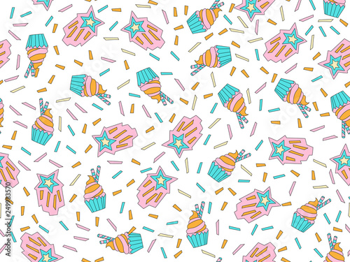 Funny cute cartoon seamless pattern with sweet blue and pink cupcakes  confetti and decoration. Endless cute pattern with sweet cup cake on white background. Blue cream cupcakes colored seamless