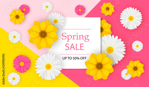 Spring sale banner with yellow realistic sunflowers, white and pink chamomiles