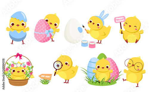 Cute Easter chickens set. Cartoon chicks in different poses with eggs and flowers having fun. Isolated characters and clip art for Easter design