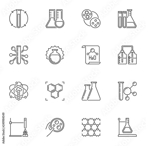 Vector set of Chemistry concept icons or signs in outline style