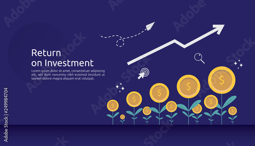 return investment ROI or growth business finance concept. increase profit stretching rising up. flat style vector illustration of market data analytics, strategic management, financial planning.