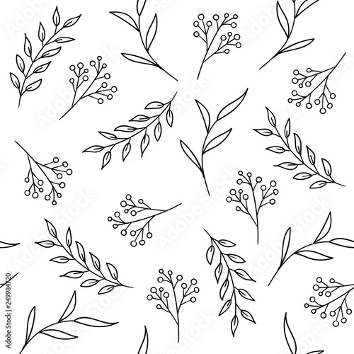Hand drawn floral seamless pattern with plants and berries