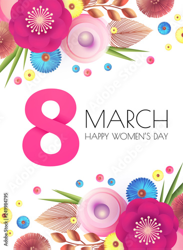 8 March. Women s Day. Paper Cut Flower Background. Spring is Here.