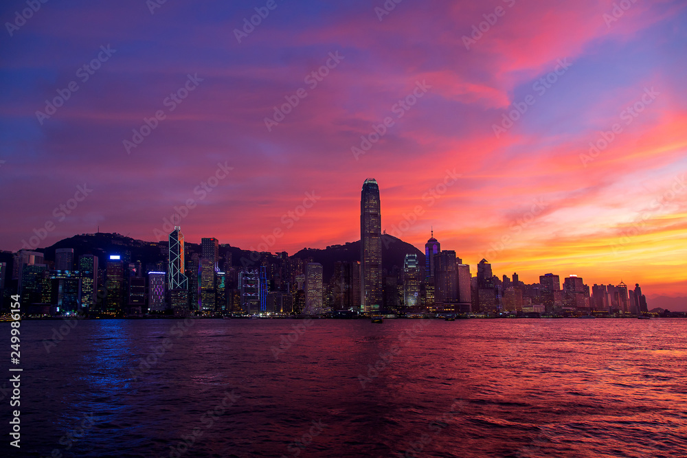 Hong Kong Skyline Kowloon from Fei Ngo Shan hill sunset