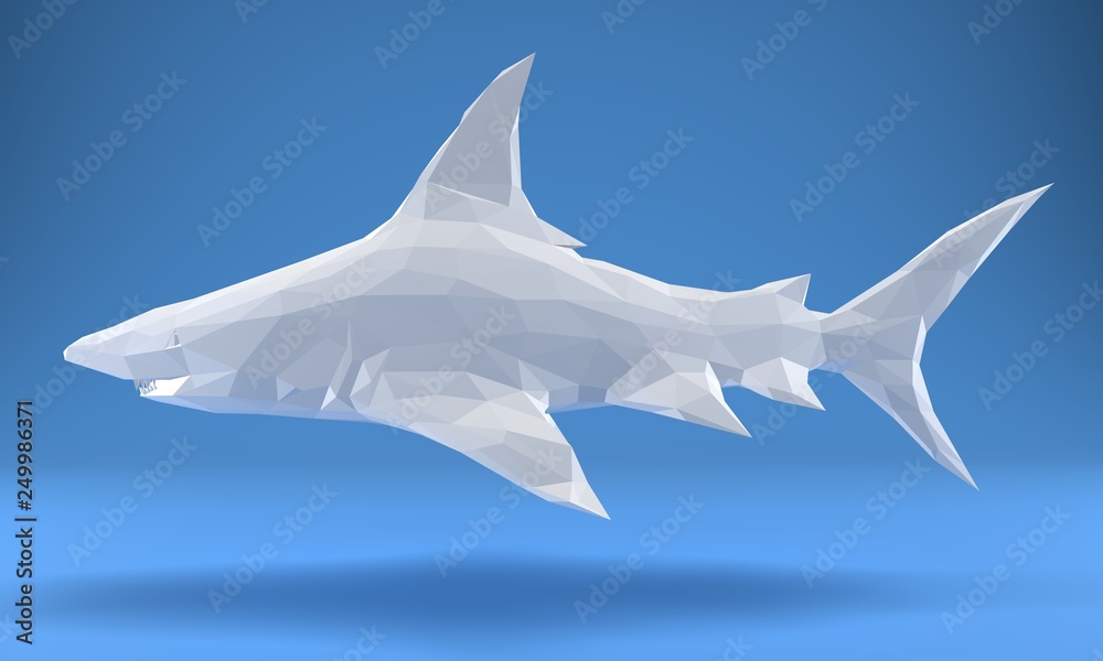 Plakat Rekin Low Poly wielokątne, trójkąt, drapieżne ryby na białym tle, koncepcja biznesowa, renderowanie 3d