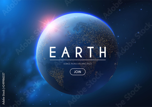 Eath Planet in Space with Lights. Realistic Universe. Cosmos Background.