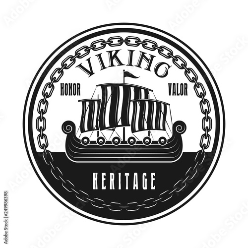 Vikings ship or drakkar boat vector round emblem