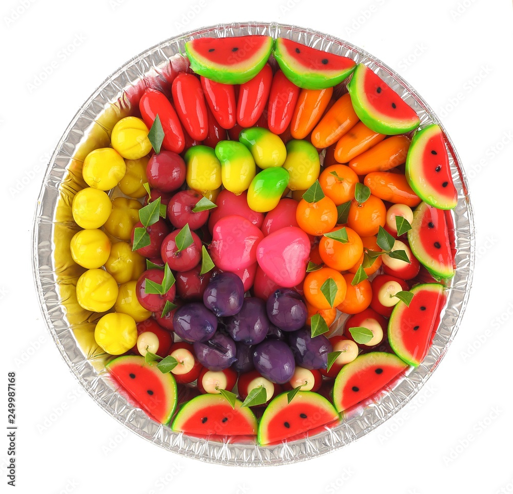 Thai dessert - Fruit Shaped Mung Beans isolated on white,top view Thai dessert - Fruit Shaped Mung Beans isolated on white,top view