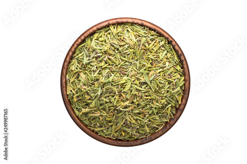 Fototapeta Naklejka Na Ścianę i Meble -  dried thyme spice in wooden bowl, isolated on white background. Seasoning top view