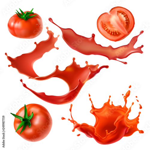 Whole and sliced on half fresh tomatoes, tomato juice splashes and swirls 3d realistic vector illustrations set isolated on white background. Organic vegetables, vegetarian nutrition, healthy food