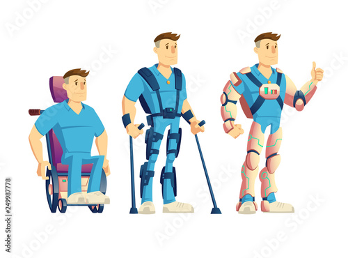 Evolution of exoskeletons for disabled people cartoon vector concept. Man in powered wheelchair, standing with crutches and robotic suit, showing thumbs up while using innovative exosuit illustration photo