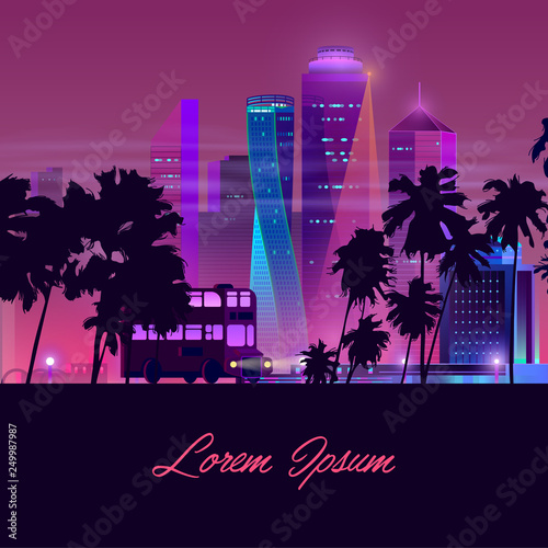Modern metropolis elite real estate cartoon vector banner. Classic double-decker bus going on night highway with palm trees on roadside, illuminated skyscrapers buildings illustration in neon colors