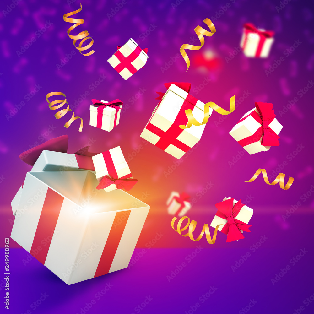 3d rendering of small white gift boxes with red ribbons flying out of big gift box on neon blue background 3d rendering of small white gift boxes with red ribbons flying out of big gift box on neon blue background