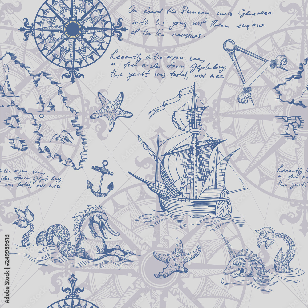 Fototapeta premium Old caravel, vintage sailboat, sea monster. Vector seamless pattern