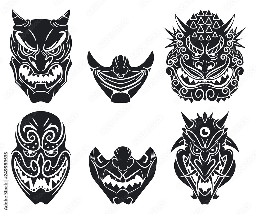 Oni and kabuki traditional japanese masks with demon face. Vector cartoon  set isolated on a white background. Stock Vector | Adobe Stock
