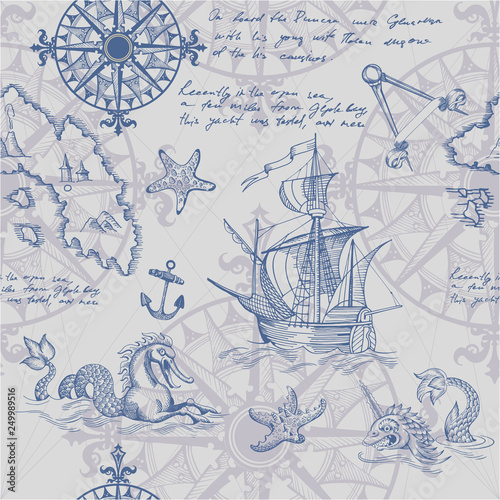 Old caravel, vintage sailboat, sea monster. Vector seamless pattern