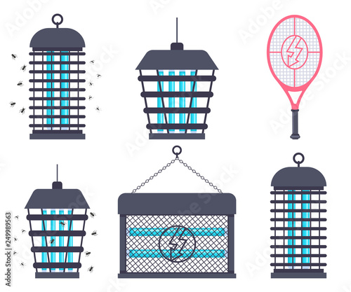 Electric bug zapper, fly swatter racket and mosquito trap vector cartoon flat set isolated on a white background.