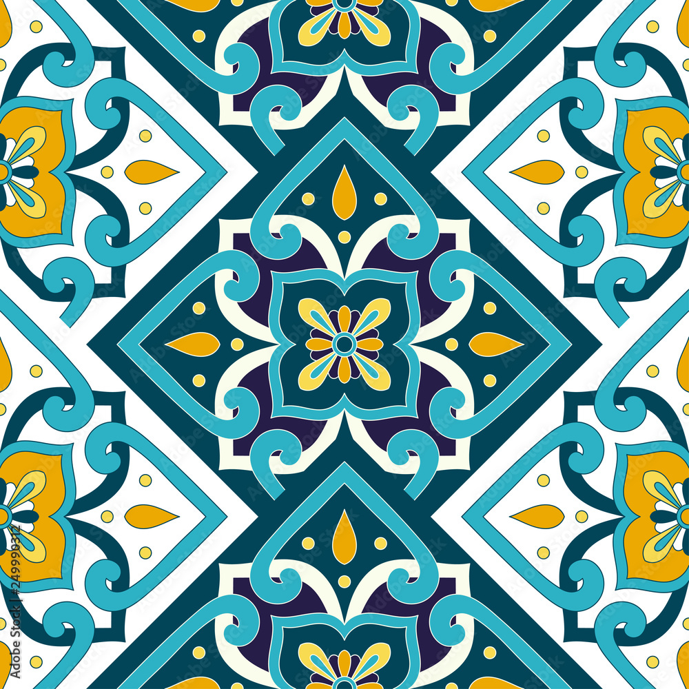 Parquet mexican tile pattern vector seamless with floral motifs. Portuguese azulejos, mexico talavera, spanish ceramic or italian sicily majolica. Mosaic texture for kitchen wall or bathroom floor.