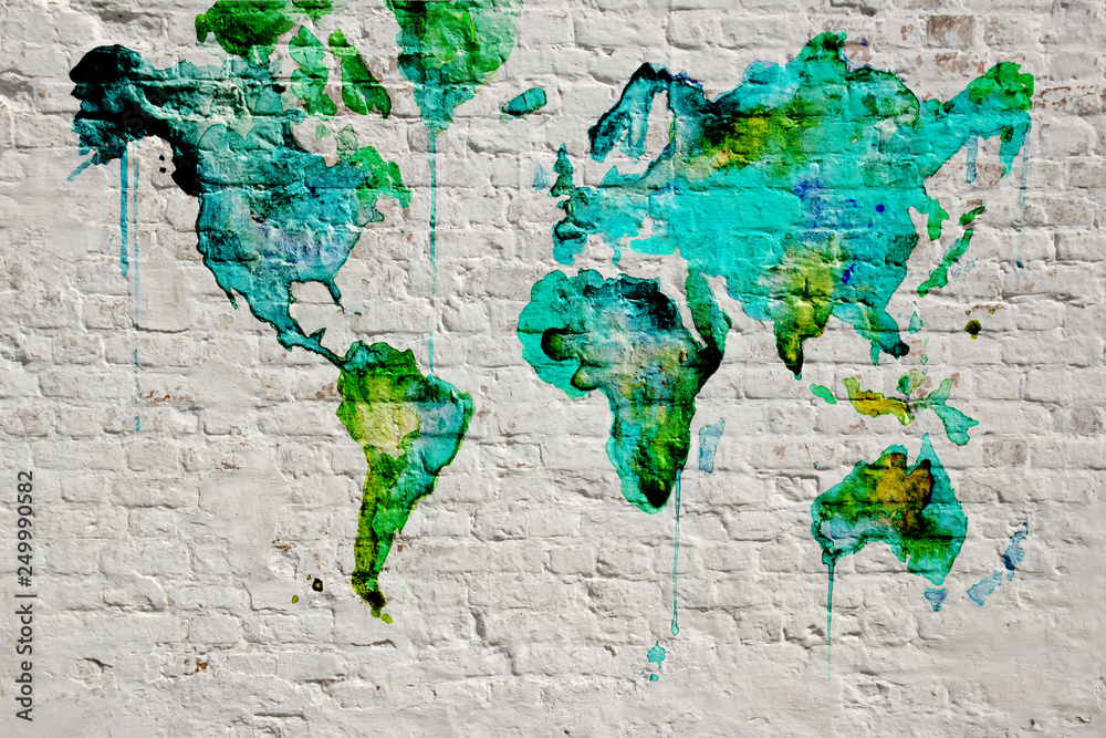 Fototapeta 3D Wallpaper design with white grunge brick wall background and world map for mural