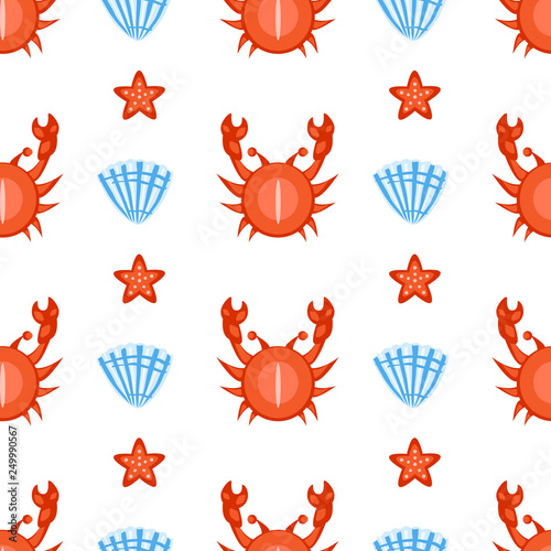 Marine seamless vector pattern cartoon swimming crab, seashell, starfish illustration isolated on white background, summer decorative texture, design wallpaper, sea backdrop, textile, wrapping papers