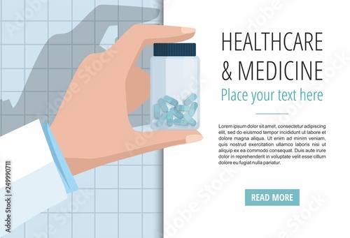 Doctor's hand showing pills bottle. Vector banner template