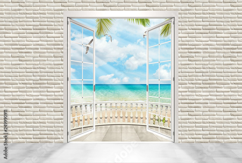 Fototapeta Naklejka Na Ścianę i Meble -  3D Wallpaper design with white brick wall and balcony terrace to amazing sea view for mural