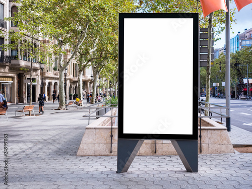 Photography Mock up Banner Signboard stand Media outdoor with people walking City street Bui