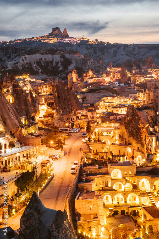 Beautiful panoramic view Goreme, Cappadocia, Turkey at night. Famous center of balloon fligths.