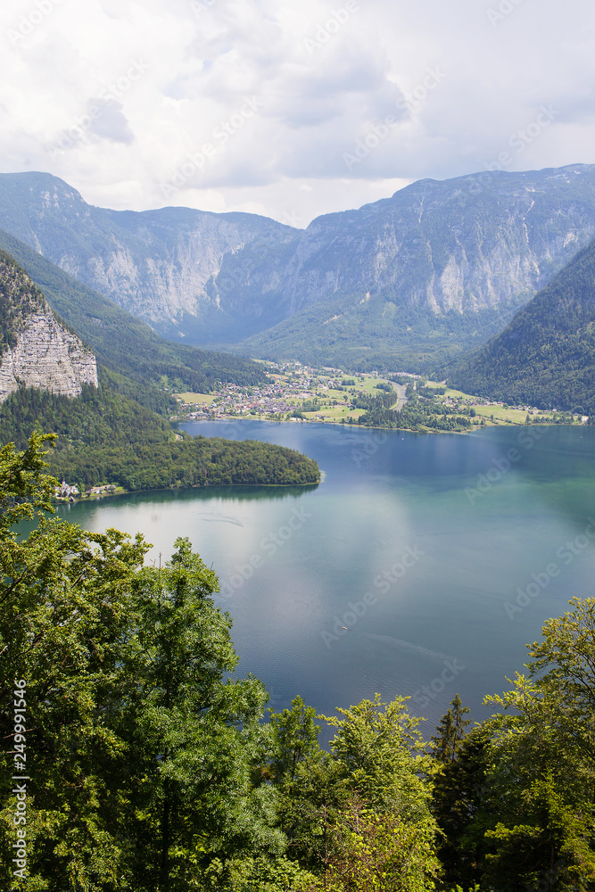 Aerial view of the beautiful lake in Austria on the lake in the mountains