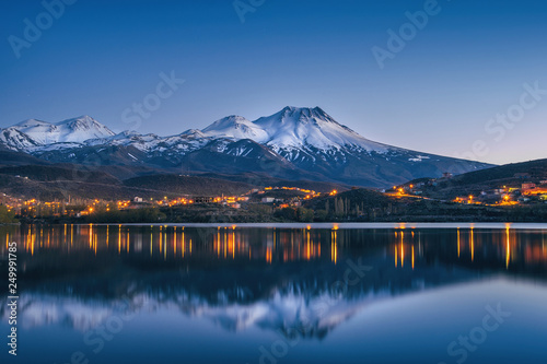 natural background with snow-covered volcano and reflection in a mountain lake photo