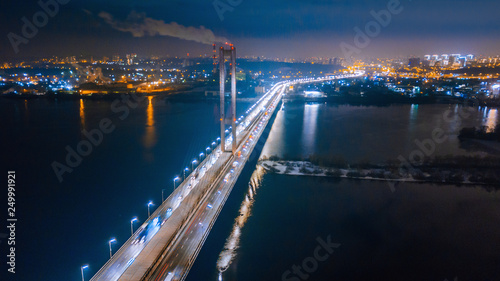 aerial night city view and traffic cars. Drone shot