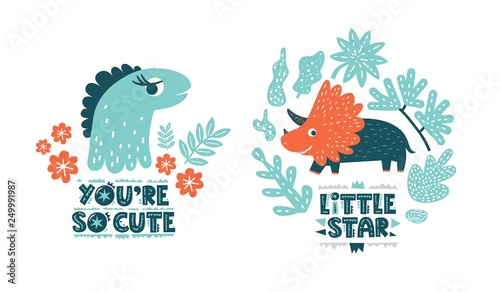 Dinosaurs cute vector illustration in flat cartoon style