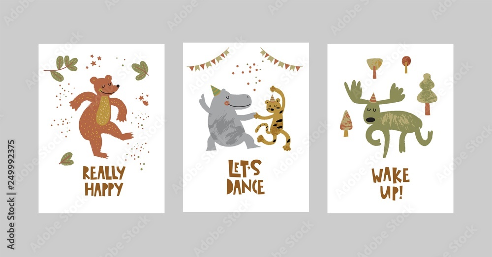 Cards or posters set with cute animals, bear, leopard, Hippo, moose in cartoon style Cards or posters set with cute animals, bear, leopard, Hippo, moose in cartoon style