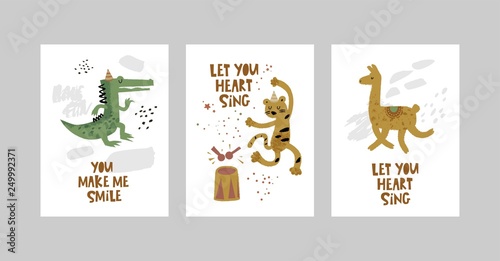 Cards or posters set with cute animals, crocodile, leopard, Lama in cartoon style