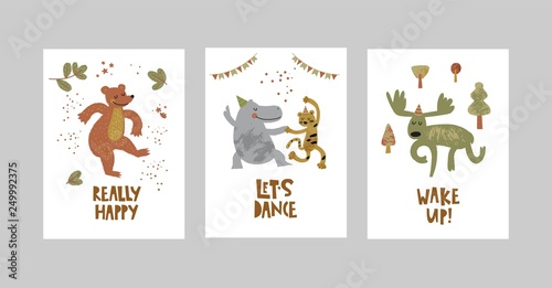 Cards or posters set with cute animals, bear, leopard, Hippo, moose in cartoon style