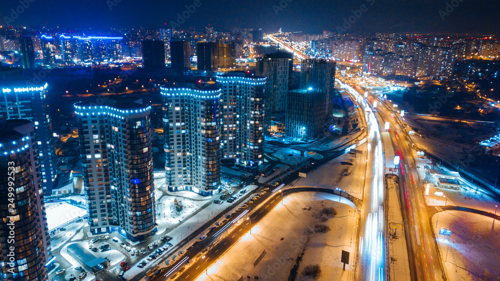 aerial night city view and traffic cars. Drone shot