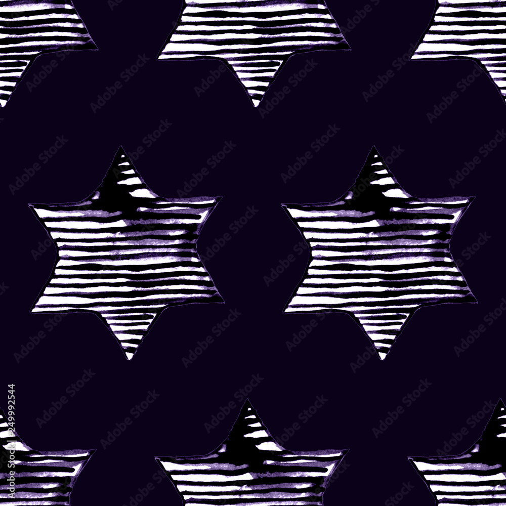 Seamless Watercolor Stars Pattern. Magic Festive Background. Hand Drawn Doodle Stars. Baby Design. Abstract Rapport for Wallpaper, Textile, Linen, Wrapping, Posters, Cards, Banner. New Year, Birthday 