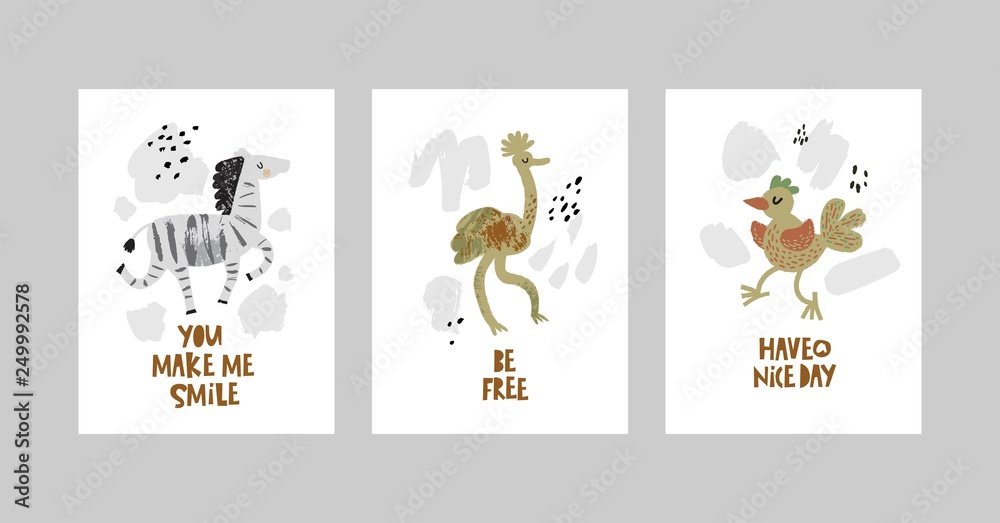 Cards or posters set with cute animals, zebra, ostrich, bird in cartoon style
