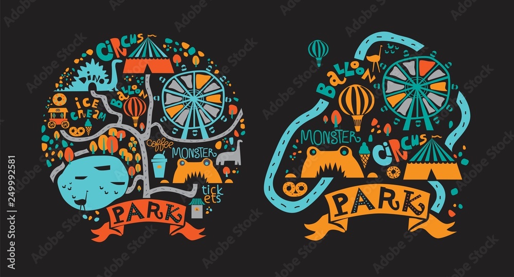 Amusement Park icons set in cartoon style with attractions and walking paths, pond, ice cream, coffee