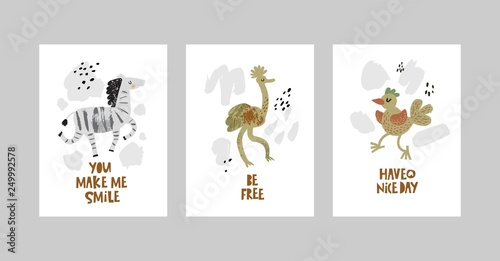 Cards or posters set with cute animals, zebra, ostrich, bird in cartoon style