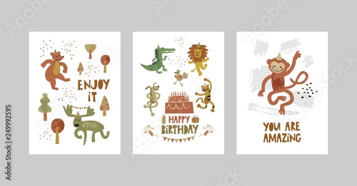 Cards or posters set with cute animals  crocodile  elk  bear  monkey  leopard  lion  dog in cartoon style