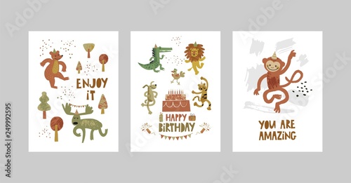 Cards or posters set with cute animals, crocodile, elk, bear, monkey, leopard, lion, dog in cartoon style