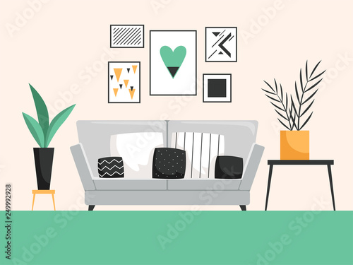 Interior with sofa. Living room with cofortable furniture detailed vector composition. Comfortable apartment, living, room illustration indoor