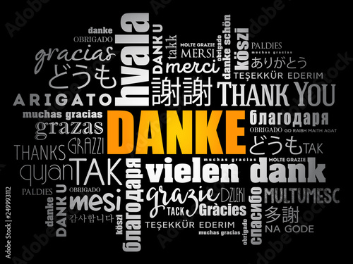 Danke (Thank You in German) word cloud background in different languages