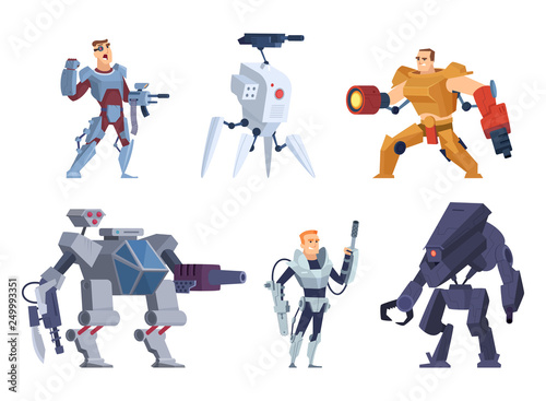 Robots warriors. Characters in exoskeleton brutal future soldiers technology android with guns vector cartoon mascot. Armor cyborg and robotic character illustration