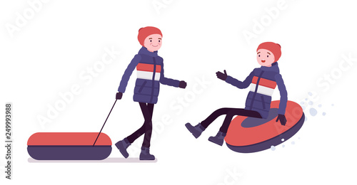 Young man in a striped down jacket enjoy outdoor entertainment, tubing leisure activity, snow riding with fun, wearing winter clothes. Vector flat style cartoon illustration isolated, white background