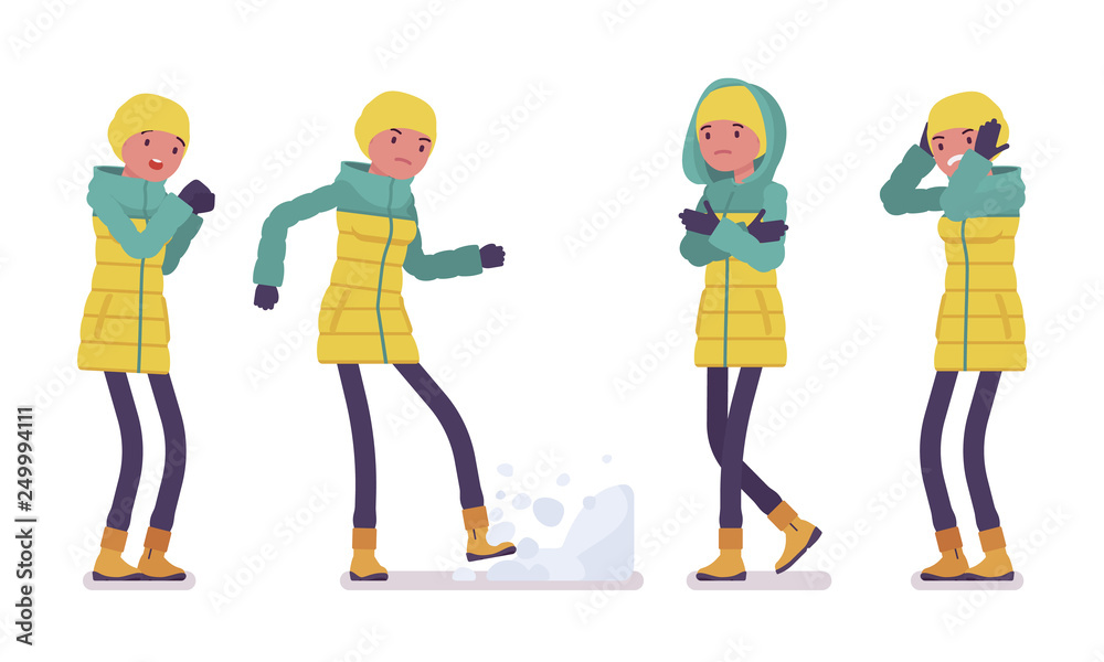 Young woman in bright down jacket, negative emotions, wearing soft warm winter clothes, classic snow boots, hat. Women outfit concept. Vector flat style cartoon illustration isolated, white background